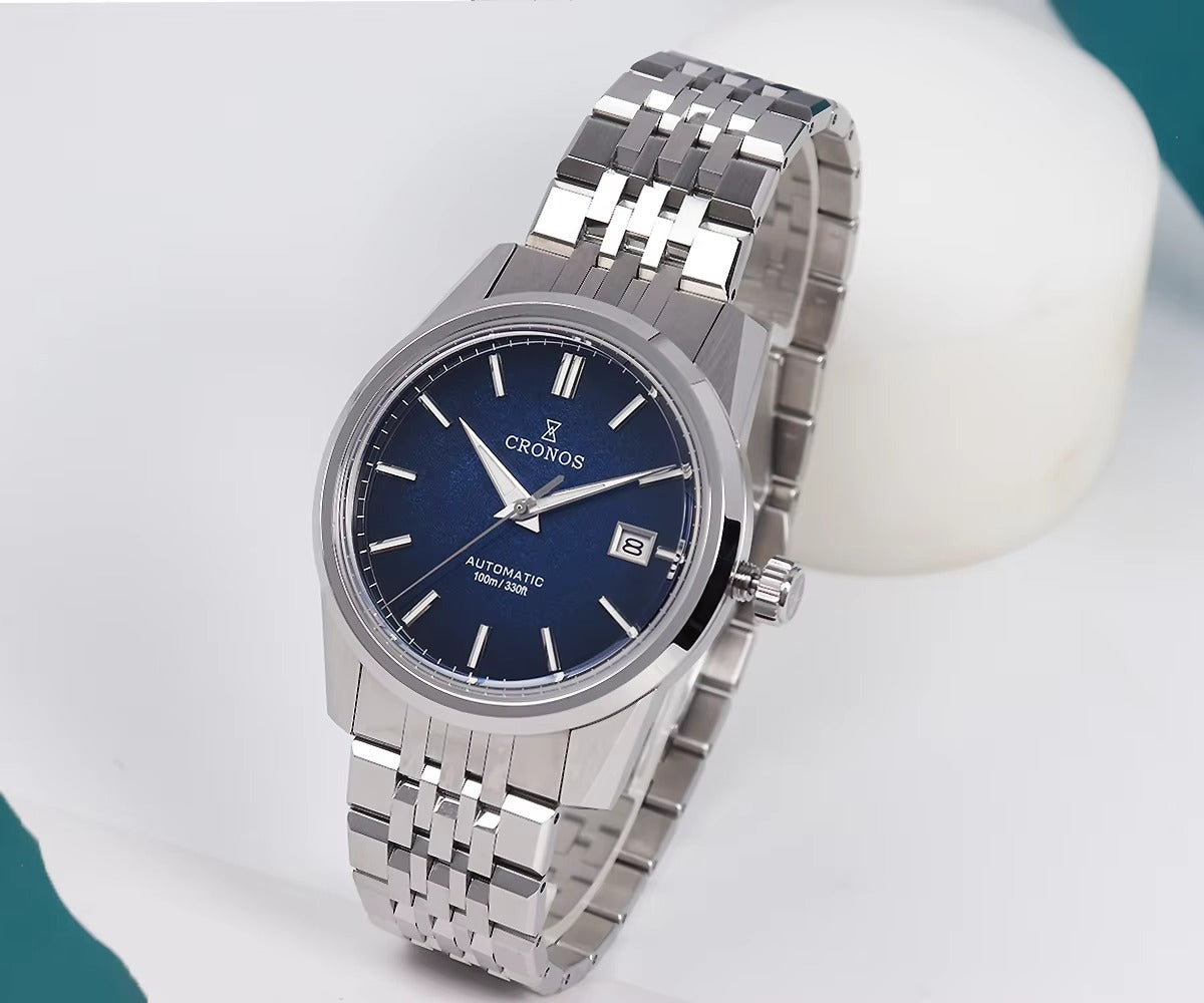 Cronos 39mm Automatic Men’s Watch Frosted Enamel Dial Miyota 9015 / Peacock SL1626 Movement H-Link Bracelet L6058