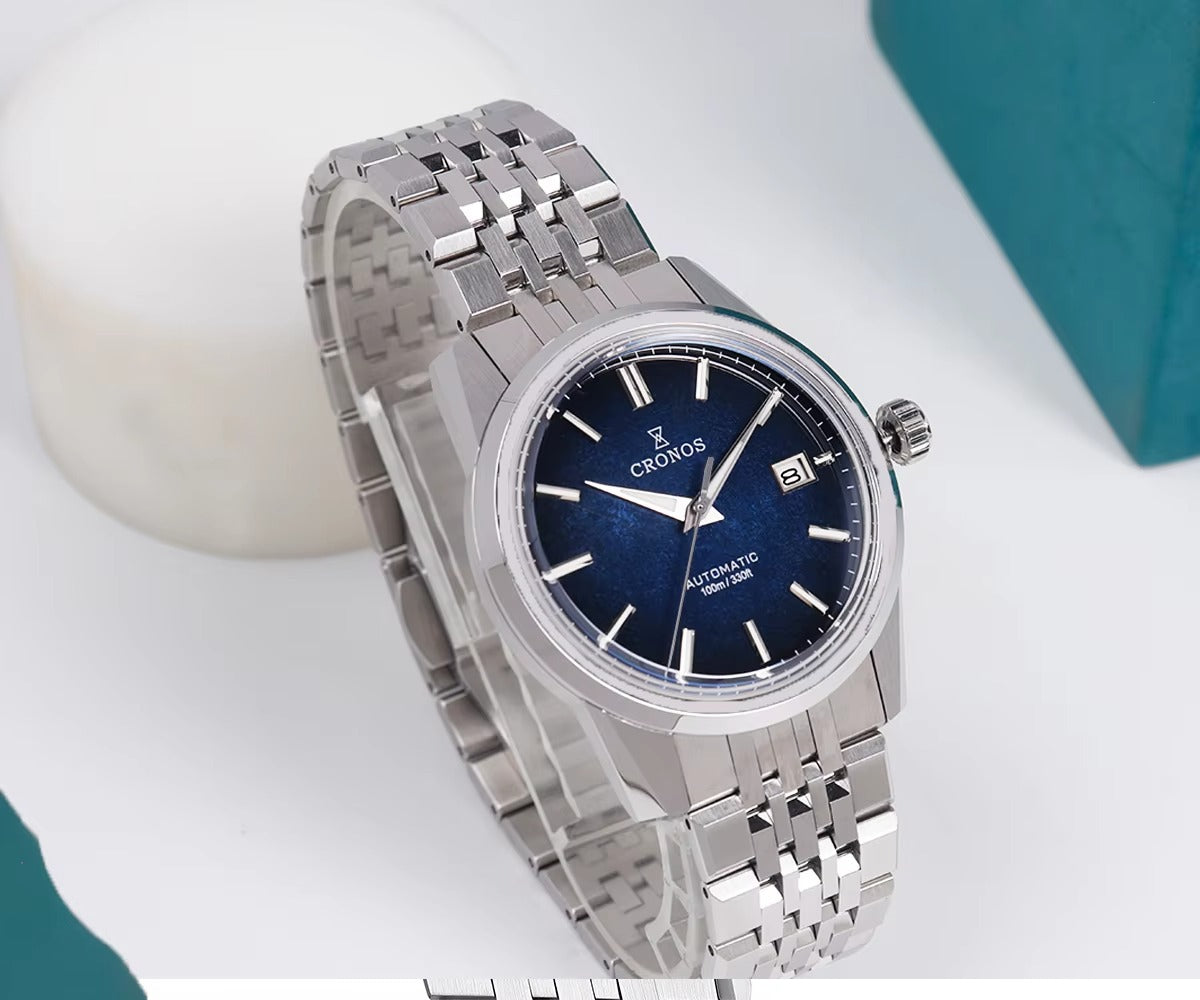 Cronos 39mm Automatic Men’s Watch Frosted Enamel Dial Miyota 9015 / Peacock SL1626 Movement H-Link Bracelet L6058