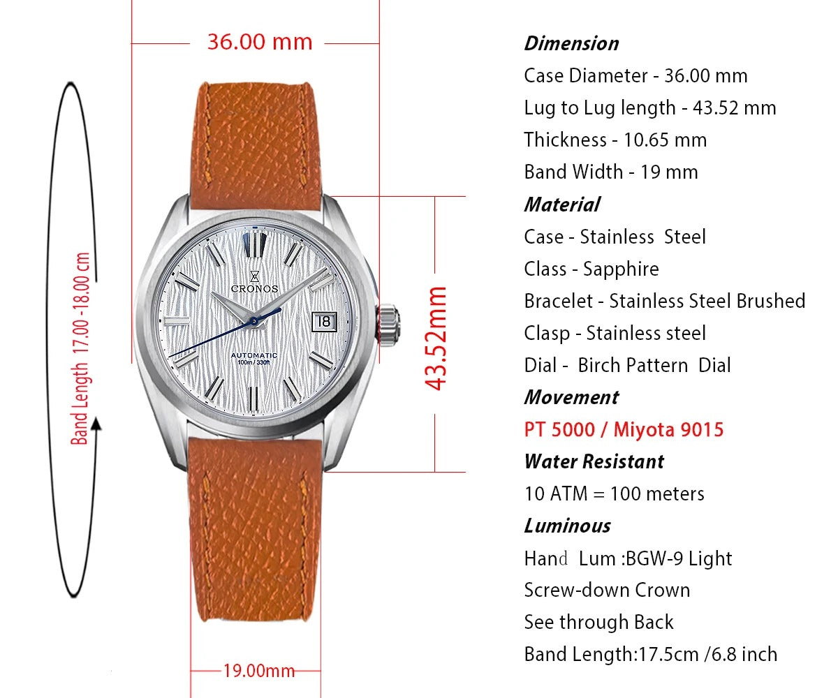 Cronos Men Watches 36mm Automatic PT5000 Miyota 9015 L6048M