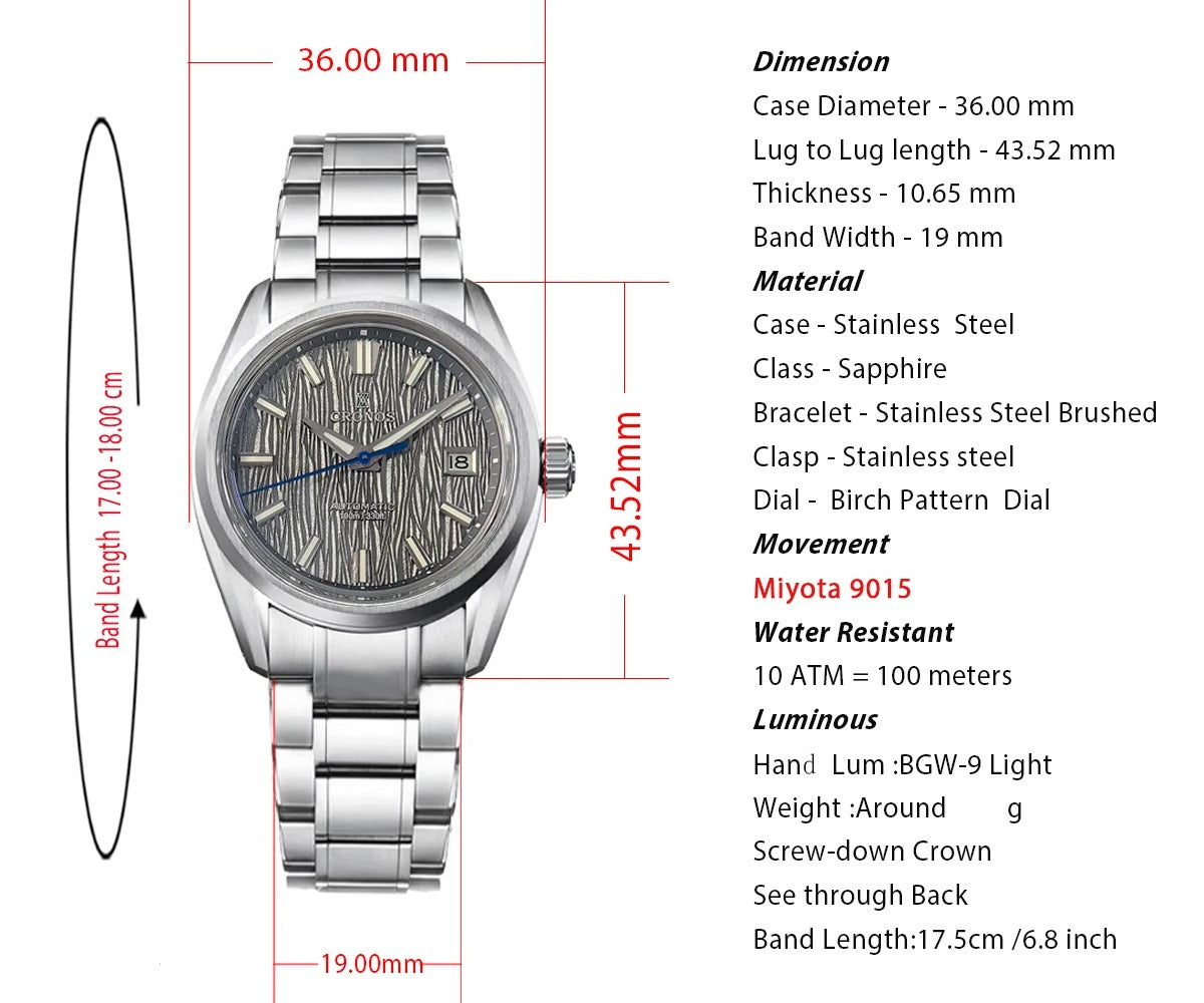 Cronos Men Watches 36mm Automatic PT5000 Miyota 9015 L6048M