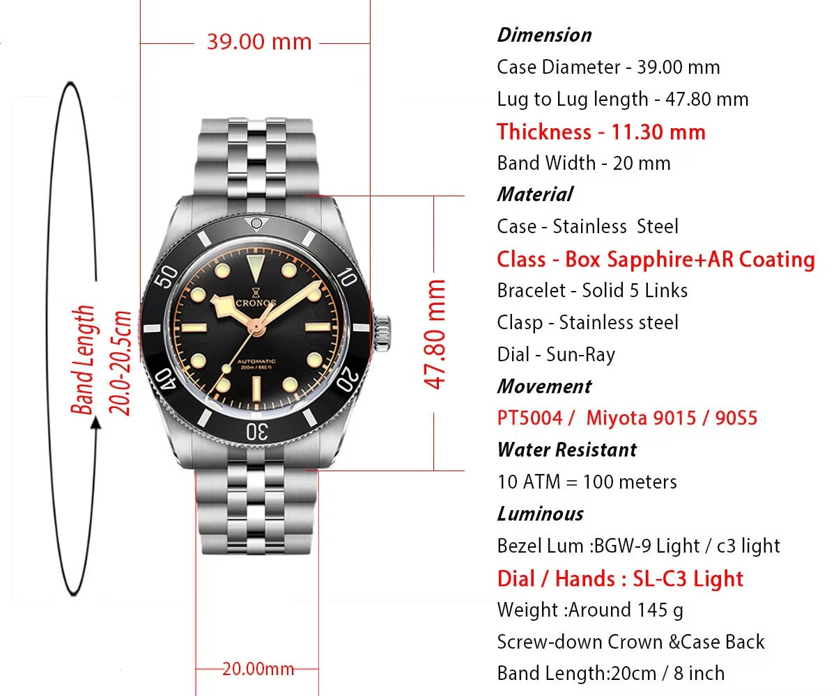Cronos New 39mm BB54 Vintage Diver PT5004/ Miyota9015 Automatic Watches L6052/L6053