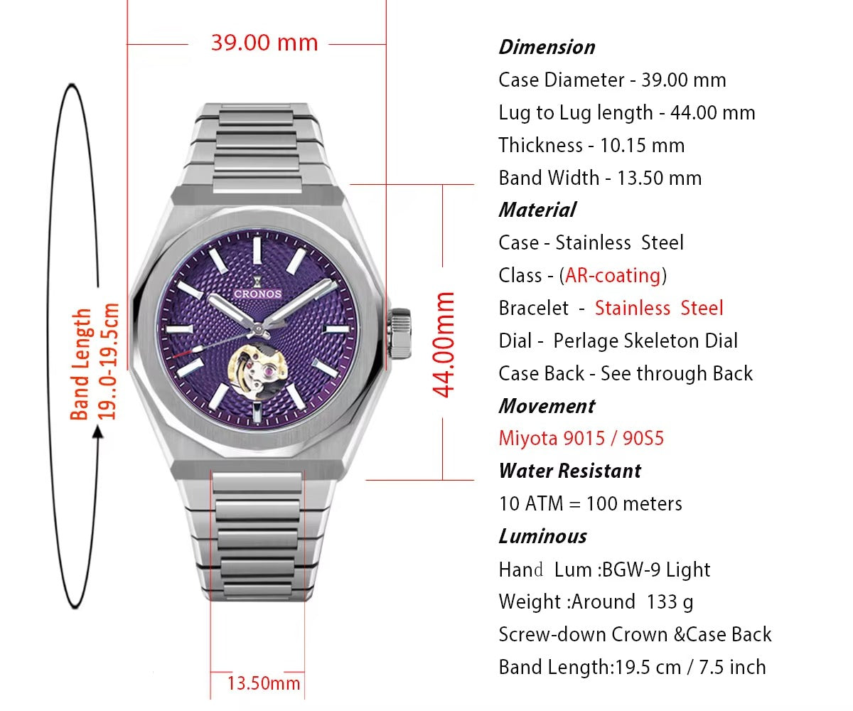 Cronos New 39mm Skeleton Dial Miyota 90S5 See-through Caseback Men Automatic Watch L6038M