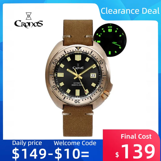 Cronos Turtle Men Bronze Automatic PT5000 and SW200  Crystal Watch L6006