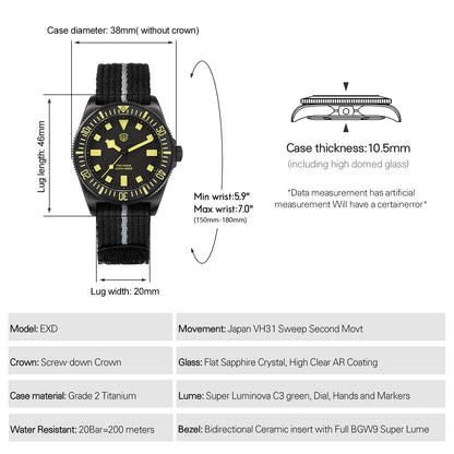 🔥WeeklyDeals🔥Watchdives 38mm EXD Titanium Diver Watch
