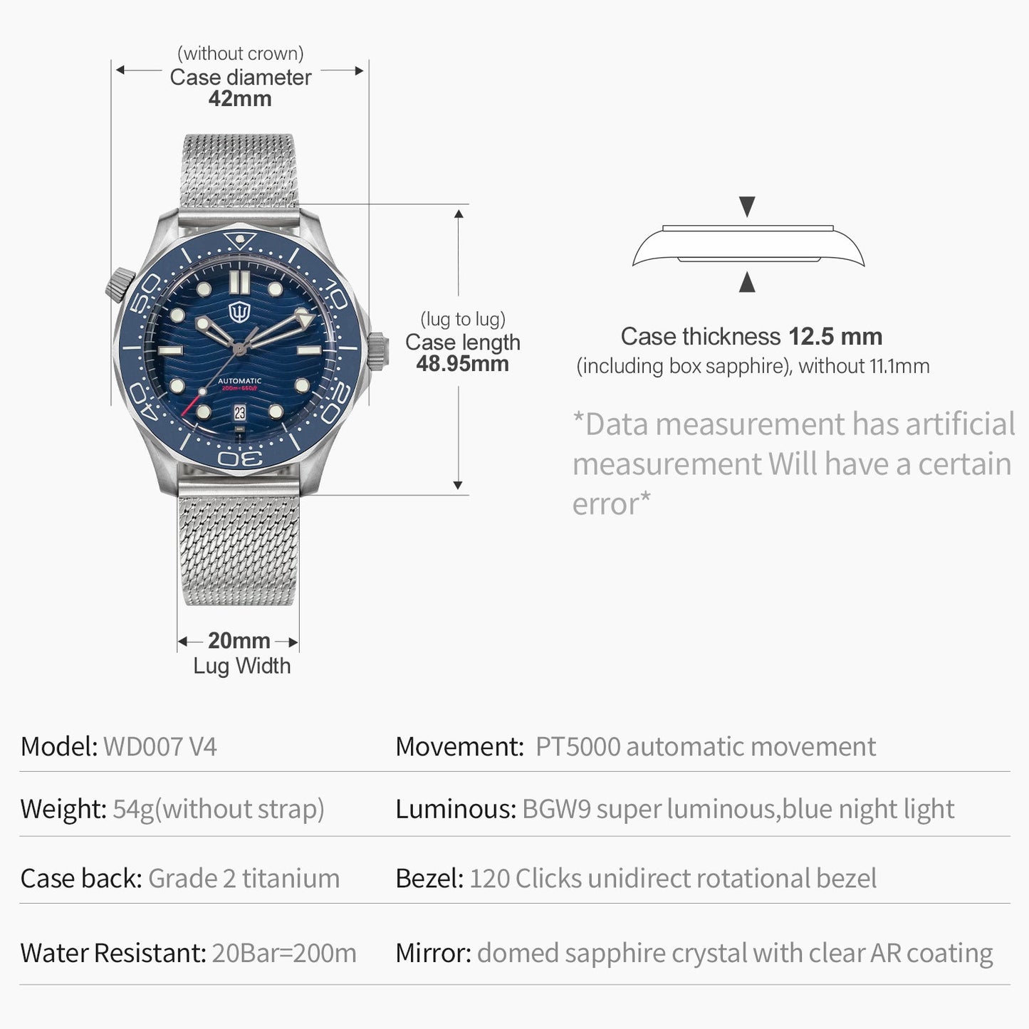 Watchdives WD007 Top Hat Sapphire PT5000 Titanium Dive Watch