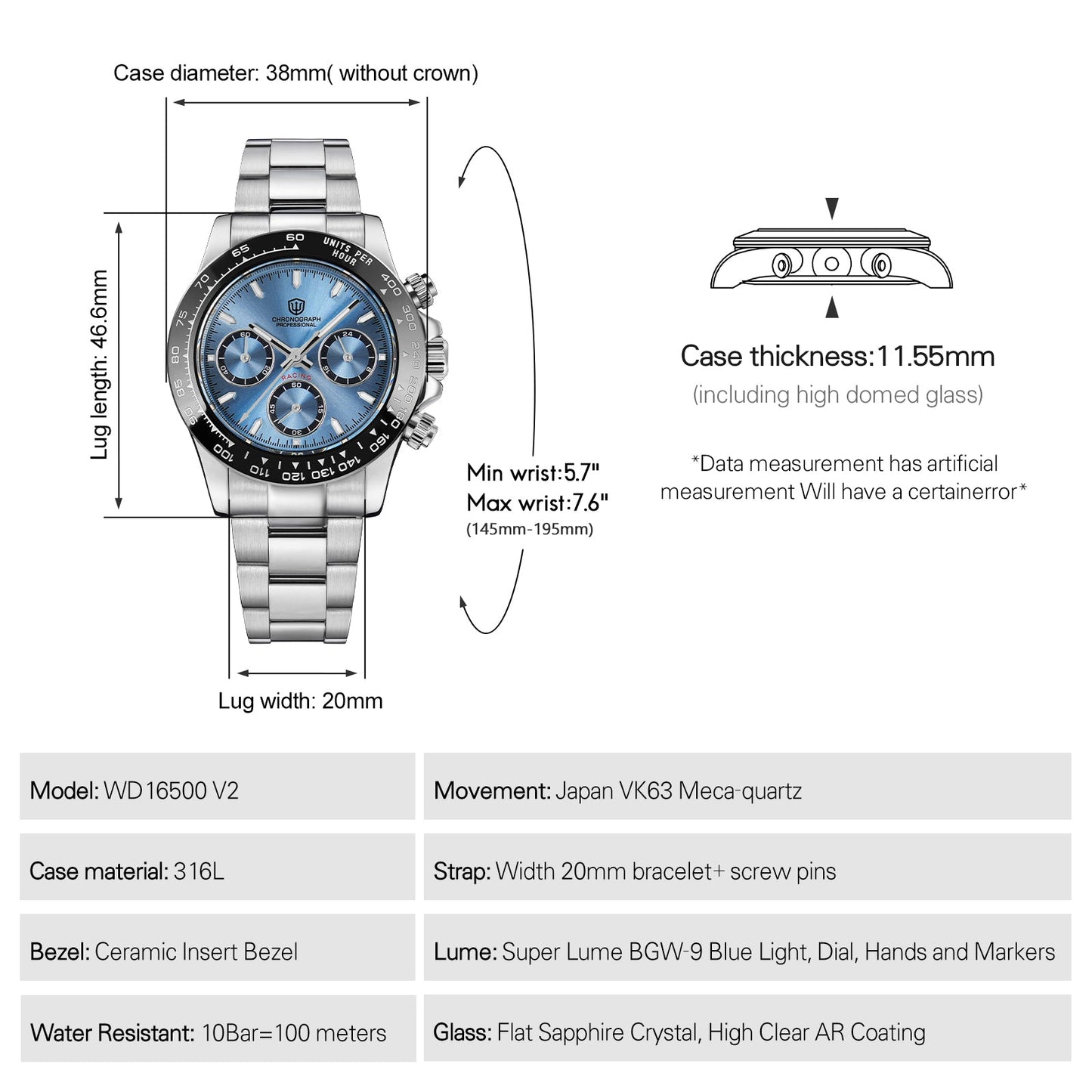 ⚡EarlyBird⚡Watchdives WD16500 38mm VK63 Chronograph Watch V2