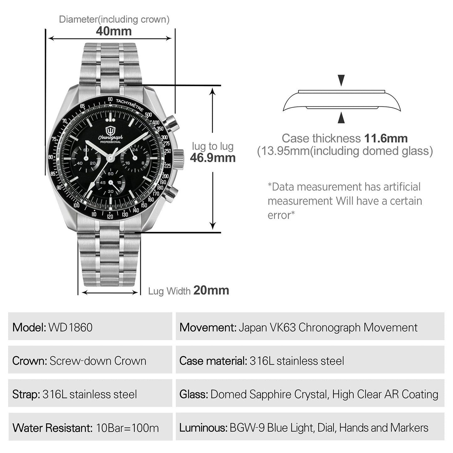 🔥SuperDeals🔥Watchdives 40mm WD1860 VK63 Chronograph Watch