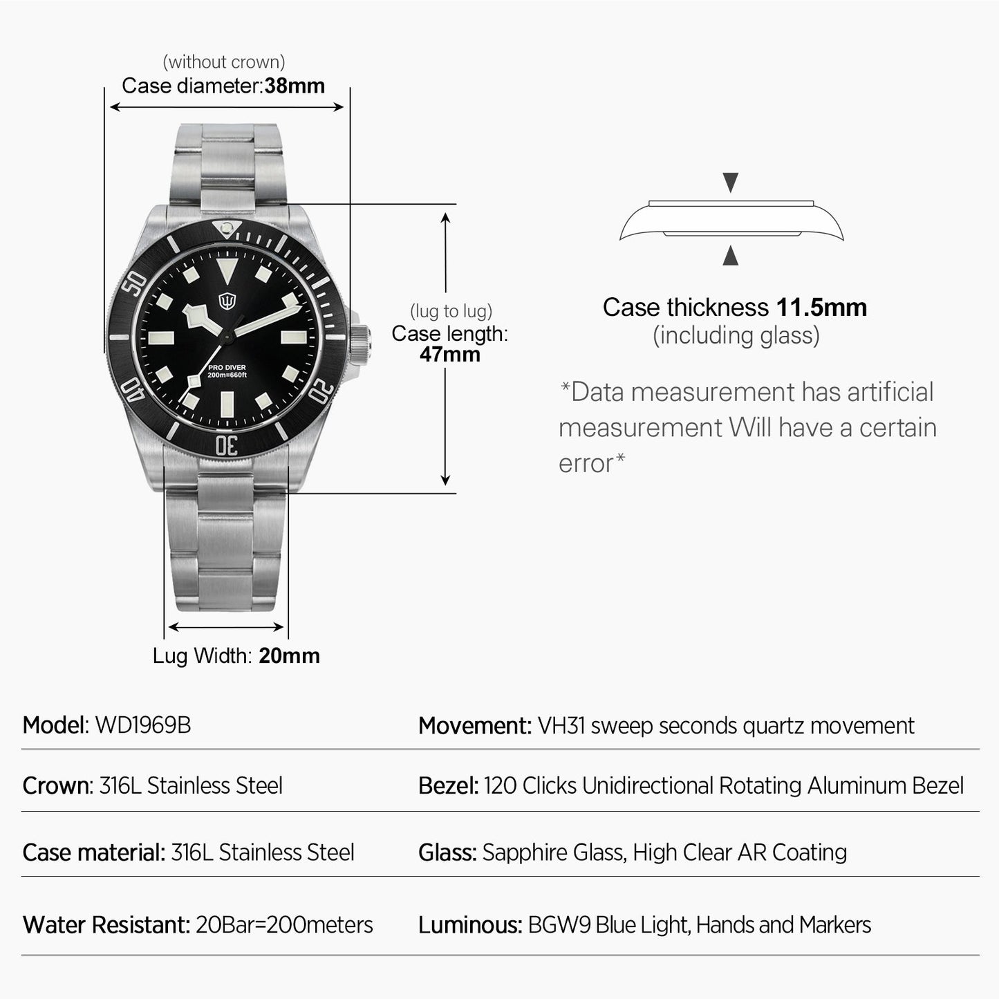 🔥WeeklyDeals🔥Watchdives WD1969B PRO 38mm VH31 Dive Watch