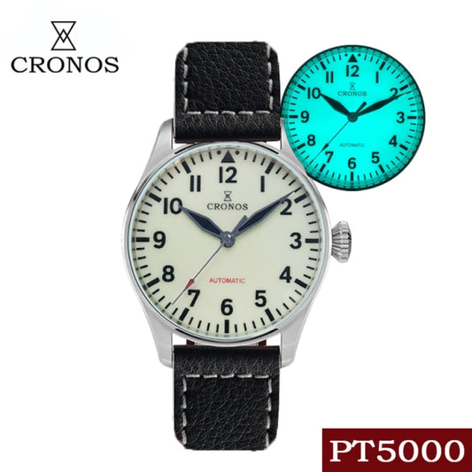 Cronos Pilot Flieger Mechanical  Leather Strap L6001